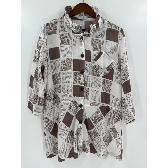 Terra SJ Apparel Tan & White Print Wired Collar Button Front Tunic Size MEDIUM - Picture 1 of 9